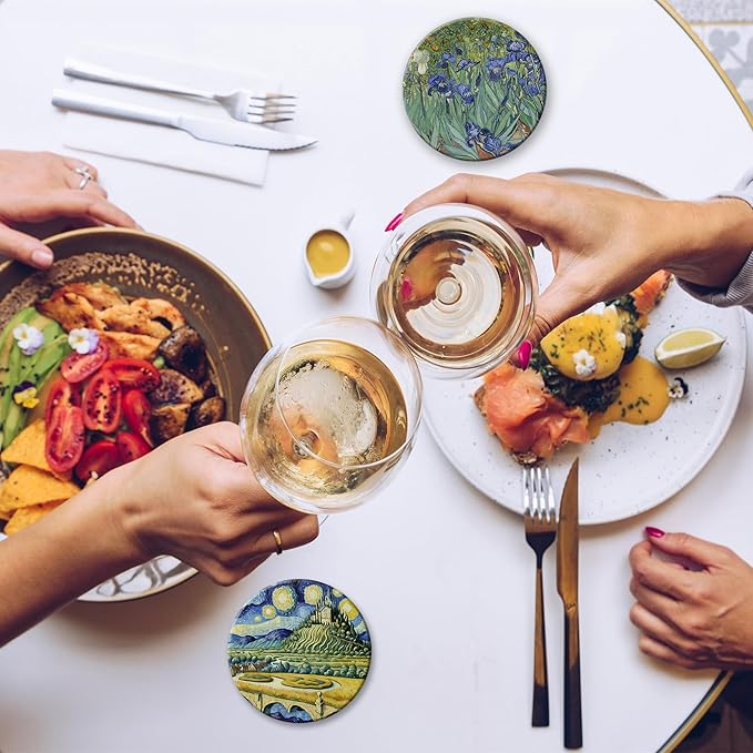 Drink Coasters Set of 6 with Holder, Van Gogh Style Absorbent Ceramic Coasters with Cork Base,Fit All Cups,Great Gift for Housewarming,Room Decor,Bar,Holiday Party