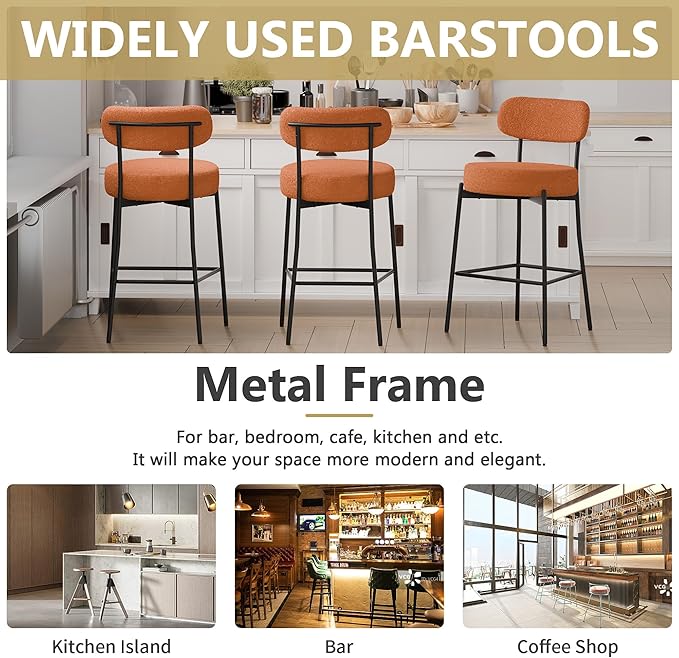 DYHOME Bar Stools Set of 4, Orange 28 Inches Counter Height Bar Stools,Modern Upholstered Boucle Barstools with Back, Modern Metal Tall BarStools for Kitchen Island, Bar Pub