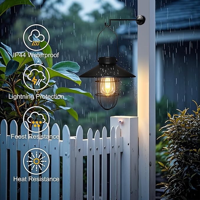 pearlstar Solar Lantern Outdoor Hanging Light- Waterproof Vintage Metal Solar Lantern Light with Warm White Edison Bulb Decorative for Patio, Backyard, Porch, Yard
