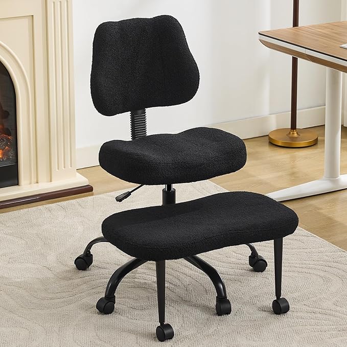 Criss Cross Legged Meditaion Chair,Exquisite Home Office Furniture,Ergonomic Kneeling with Lumbar Support and Adjustable Height Stool,for ADHD Adults,Teddy Fabric (Black)