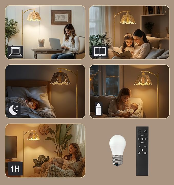 Oneach Arc Floor Lamp for Living Room with 3 Color Temperatures, Rattan Boho Floor Lamp with Remote & Dimmable Bulb, Farmhouse Floor Lamps Suitable for Bedroom, Study(Light Woodgrain)