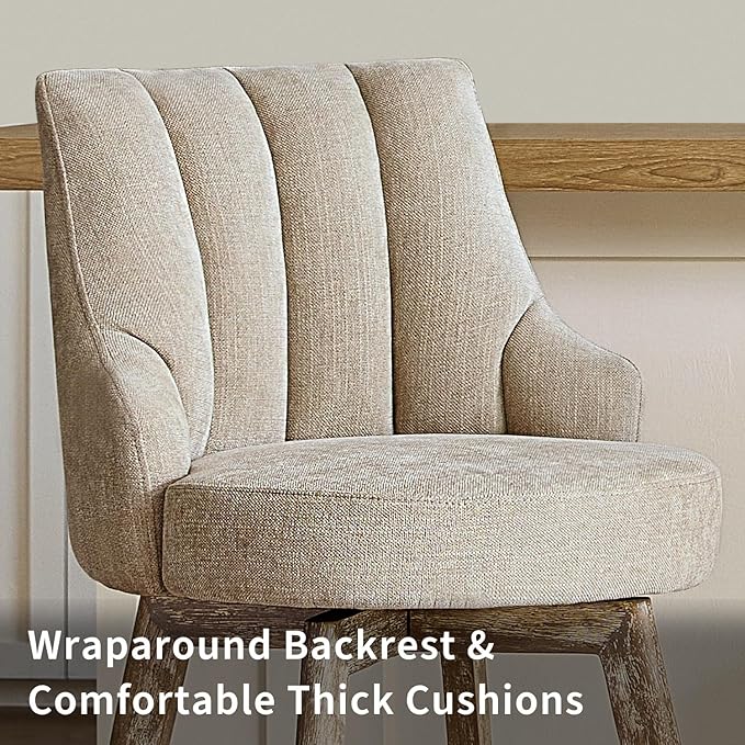 Counter Height Bar Stools,Swivel Bar Stools with Backs,Barstools Set of 4,26'' Solid Wood Legs,Thick Seat Upholstered Linen Fabric Counter Height Stools in Sand