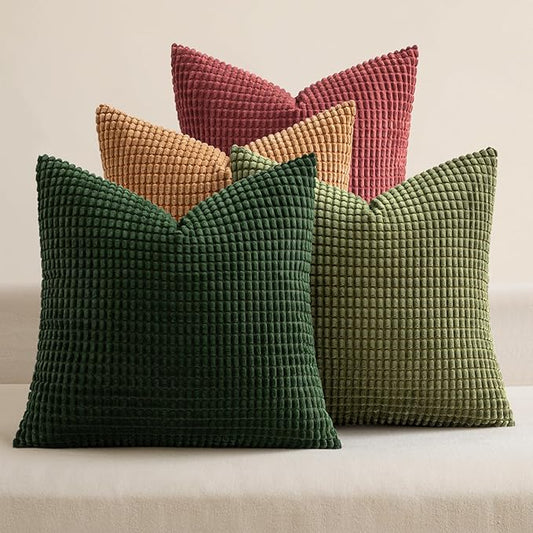 MIULEE Modern Farmhouse Decorative Pillow Covers 18x18 Inch Set of 4 Natural Rustic Throw Pillows Neutral Warm Soft Corduroy Couch Pillowcases Home Decor for Sofa Living Room Bed Christmas Green