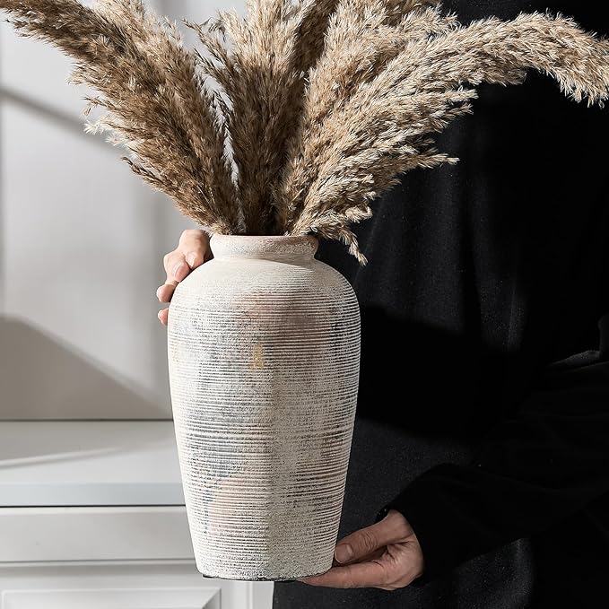 Large Ceramic Rustic Vase, 11 inch Minimalist Decorative Farmhouse Tall Vase for Home Decor, Living Room, Shelf Decor, Enterway, Wedding, Table Decoration, Gray