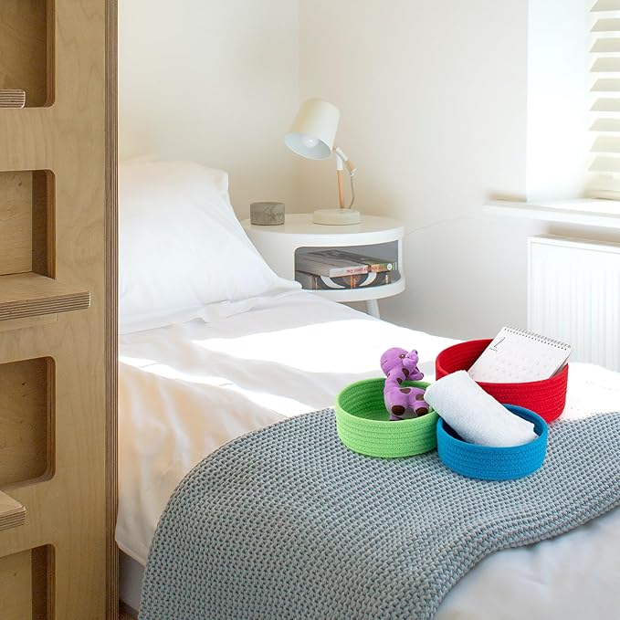 Small Shelf Storage Baskets for Organizing, 6 Pack Round Cotton Rope Bins, Decorative and Cute Woven Baskets for Bedroom and Closet, Key Tray Bowl, Home Decor Countertop Organizer (Rainbow)