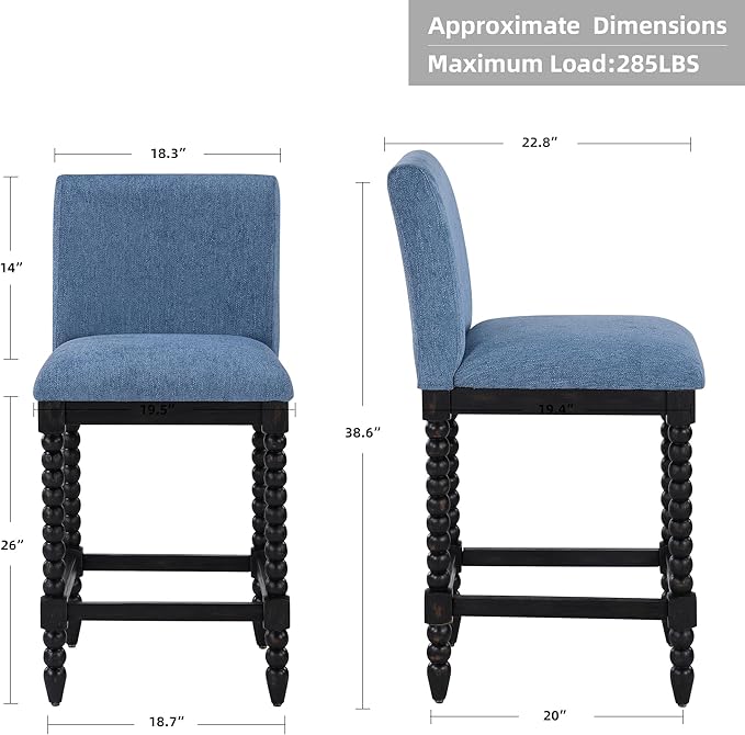 DUHOME Spindle Counter Stools Set of 2 with Padded Spring Seat,Wooden Bar Stools Farmhouse 26 Inch Counter Height Stools Chairs with Spindle Back for Kitchen Island