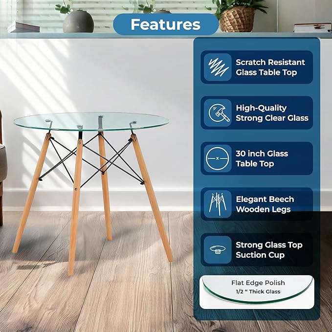 Fab Glass and Mirror Wood Table Bases with Round Glass Dining Table Top 30 Inches- Flat 1/2 Thick, Elegant Dining Table Round, Perfect for Glass Kitchen Table Design and Versatile Decor