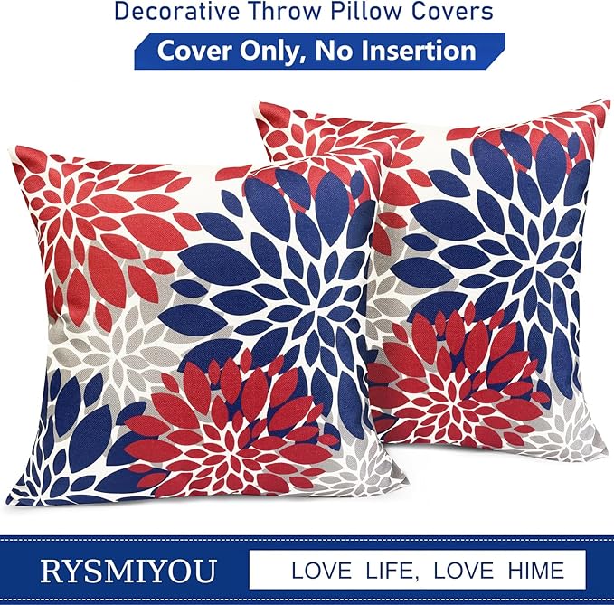 Decorative Throw Pillow Covers Set of 2 Red Blue Pillow Covers 18x18 Inch Couch Pillow Covers for Sofa Living Room Outdoor Throw Pillow Cover Linen Floral Flower Farmhouse Pillowcase