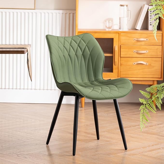 YOUNIKE Dining Chairs Set of 2, Upholstered Faux Leather Kitchen Dining Room Chairs, Modern Living Room Bedroom Side Chairs with Wide Curved Back and Metal Legs, Olive Green