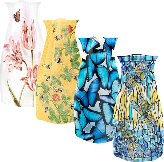 MODGY Expandable Flower Vase Set, Plastic Decorative Modern Foldable Printed Vases for Centerpieces for Wedding, Dining Table, Home Decor, Living Room, Bathroom, Office, Jacob Marrell Tulips, 4 Pack
