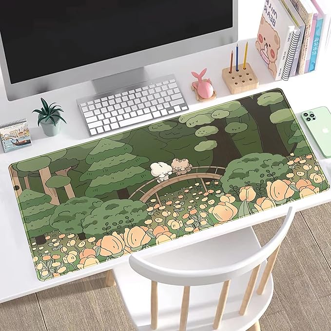Anime Forest Desk Mat,Cute Green Mouse Pad,Kawaii Aesthetic Full Desktop Pad XXL Gaming Mousemat XL, Extended Korean Animals Bear Bunny Keyboard Mat Large 31.5x15.7 Inch Non-Slip&Stitched Edges