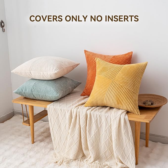 Decorative Throw Pillow Covers 18x18 Inch Set of 4 for Boho Living Room Farmhouse Home Decor, Spring Pillow Covers for Couch Bed, Soft Corduroy Striped Patchwork Cushion Cases, Warm Colors