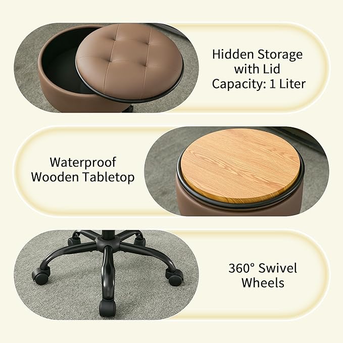 Rolling Salon Stool, Adjustable Tattoo Stool 20.67’’-24.61’’, Coffee Brown Esthetician Swivel Chair