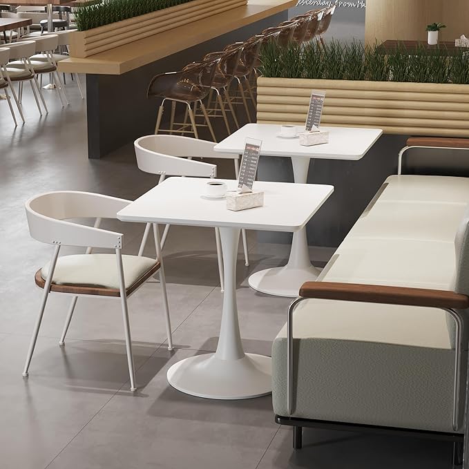 White Square Tulip Table for 2 Person, 24 Inch Small Dining Table with Pedestal Base for Two, Mid Century Modern Tulip Tables for Kitchen, Living Room, Cafe, Coffee, Office, Bistro, Pub, Bar, Wood Top