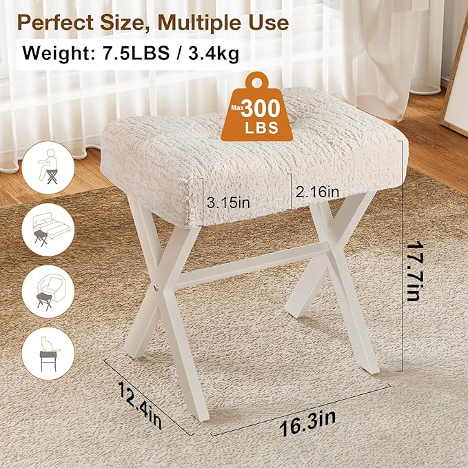18-Inch Vanity Stool Chair, Vanity Bench with Metal X-Legs, Ottoman Accent Stool with Breathable and Soft Boucle Fabric Saddle Seat, Beige