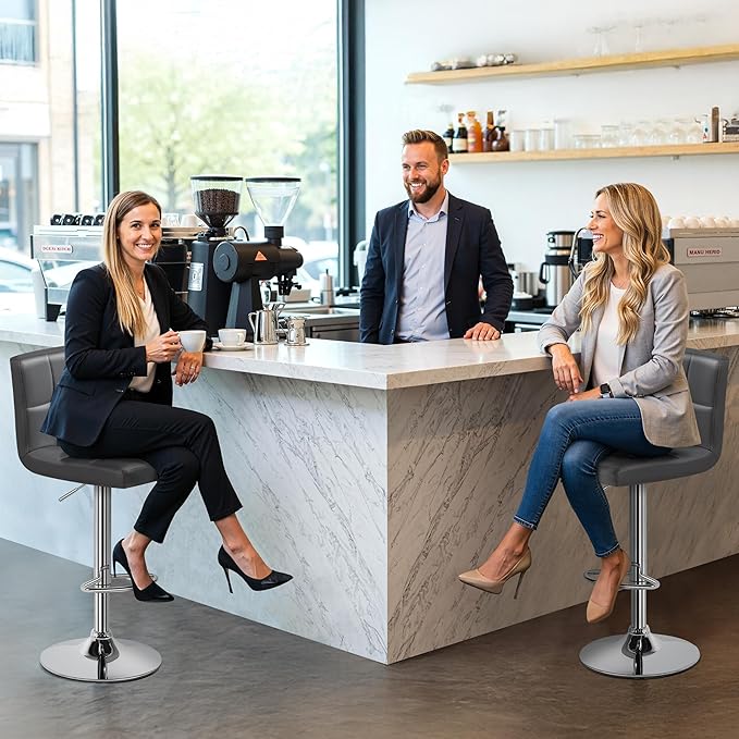 Yaheetech Bar Stools Set of 4, Adjustable Swivel Barstools with High Backrest, PU Leather Kitchen Island Chairs, Thickened Seat Cushion Counter Height Barstools, Grey