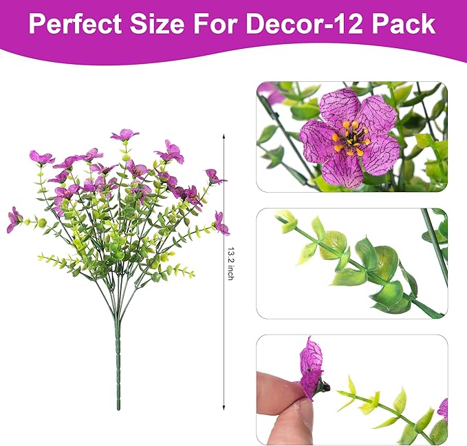 Artificial Fake Plants Flowers for Outdoor Spring Summer Decor, 12 Bundles Faux Silk Daisy for Planter Pot Colorful UV Resistant Look Real for Front Door Porch Patio Outside Yard(Purple Red)