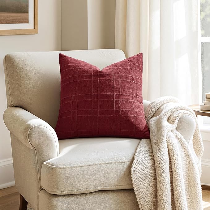 MIULEE Christmas Decorative Linen Check Throw Pillow Covers Neutral Farmhouse Vintage Pillow Covers 20x20 Set of 2 Boho Modern Home Decor for Sofa Couch Bedroom Cushion Burgundy