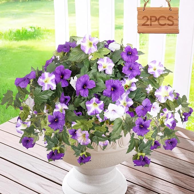 Artificial Fake Flowers Plants for Spring Summer Decoration,2 Pcs No Fade Faux Petunias,UV Resistant Realistic Silk Flowers,for Home Garden Balcony Yard Porch Deco (Purple White)