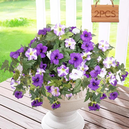Artificial Fake Flowers Plants for Spring Summer Decoration,2 Pcs No Fade Faux Petunias,UV Resistant Realistic Silk Flowers,for Home Garden Balcony Yard Porch Deco (Purple White)