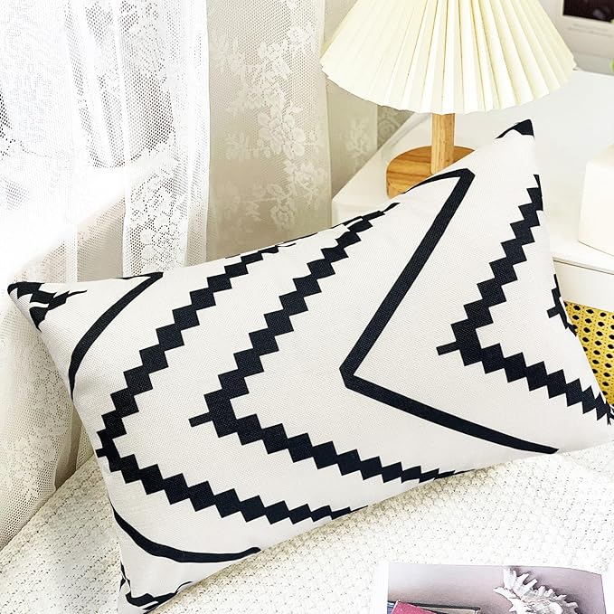 Decorative Throw Pillow Covers Set of 4 Black White Pillow Covers 12x20 inch Throw Pillow Cases Linen Square Pillow Case,Farmhouse Outdoor Geometric Pillow Covers for Couch Sofa Living Room