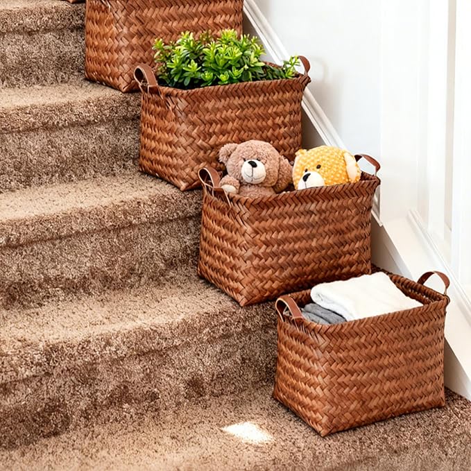 15L Laundry Baskets Waterproof Storage Baskets For Shelves Large Laundry Hamper With Leather Handle -set of 6 Cube Organizers Woven Bins for Bathroom,Bedroom,Pantry,Clothes,Car & Towels-Brown
