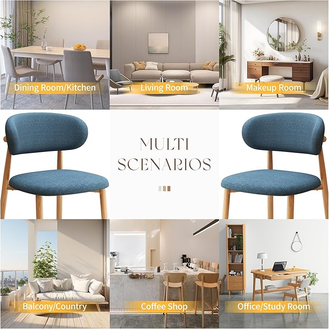 Kitchen Dining Chairs Set of 2 Modern Soft Linen Farmhouse Dining Room Chair with Metal Legs, Blue/Original