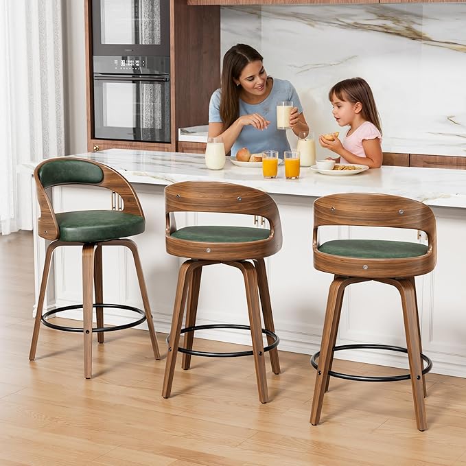 Swivel Bar Stools Set of 3, 26" Upholstered Faux Leather Barstools with Bentwood Legs, Mid Century Modern Counter Height Bar Stools with Back for Kitchen Island, Dining Room, Green