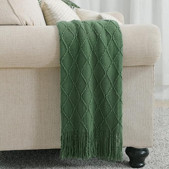 BOURINA Green Throw Blanket 50x60 Inches Throw Textured Solid Soft Sofa Couch Decorative Knit Blanket