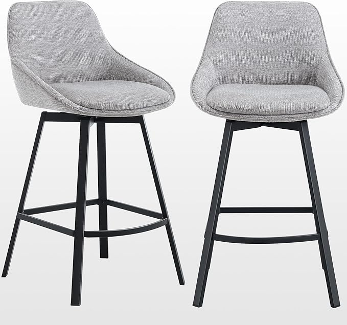 Zesthouse Swivel Bar Stools Set of 2, Modern Counter Height Barstools with Backs, 26'' Upholstered Linen Fabric High Chairs for Island Kitchen, Counter Height Chairs with Metal Legs, Grey