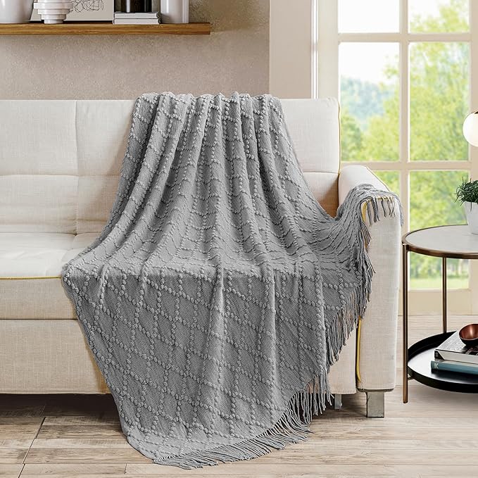 BOURINA Light Grey Throw Blanket 50 x70 Inches Jacquard Argyle Throw Textured Solid Soft Throws and Blankets for Sofa or Bed Knitted Decorative Blanket