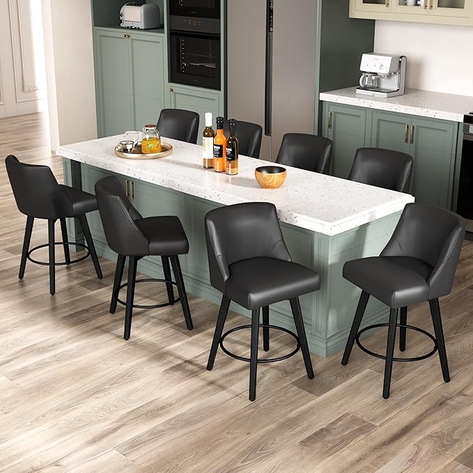 Counter Height Bar Stools Set of 8, Modern Swivel Barstools with Back and Wood Legs, Faux Leather Upholstered Bar Chairs, 26" H Kitchen Counter Stools, Kitchen Island Home Bar, Black Grey