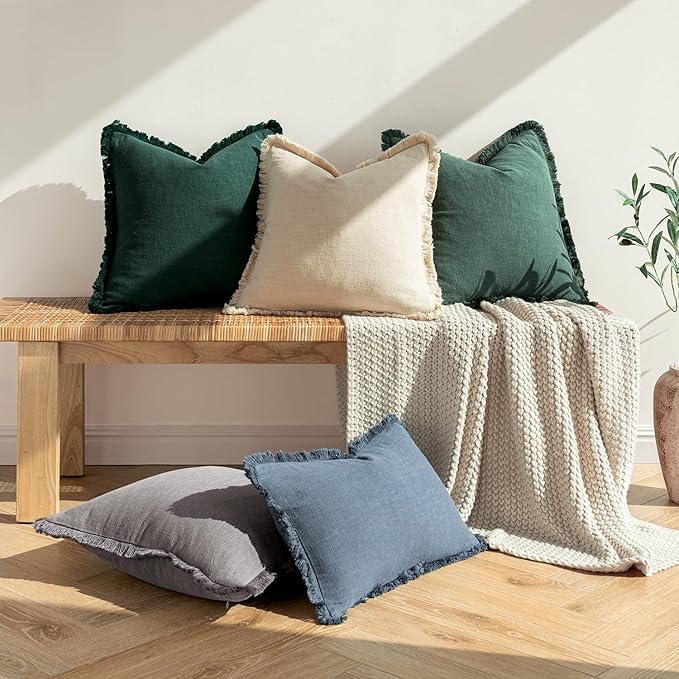 MIULEE Decorative Throw Pillow Covers Neutral Linen Fringe Throw Pillows Set of 2 Navy Blue Boho Farmhouse Cushion Covers with Tassels for Couch Sofa Bed Living Room Spring Home Decor 18x18 Inch