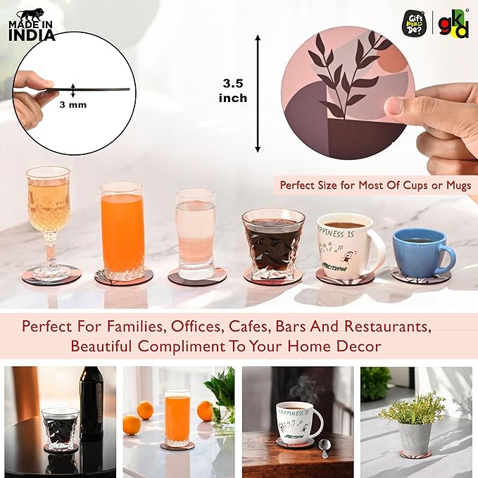 GKD Wooden Coasters for Drinks, Coasters Set of 6 with Holder, 3.5 inches Eco-Friendly Absorbent Coaster for Coffee Table, Bar, Drinking Glasses, Tabletop Protection (1, Modern Art)