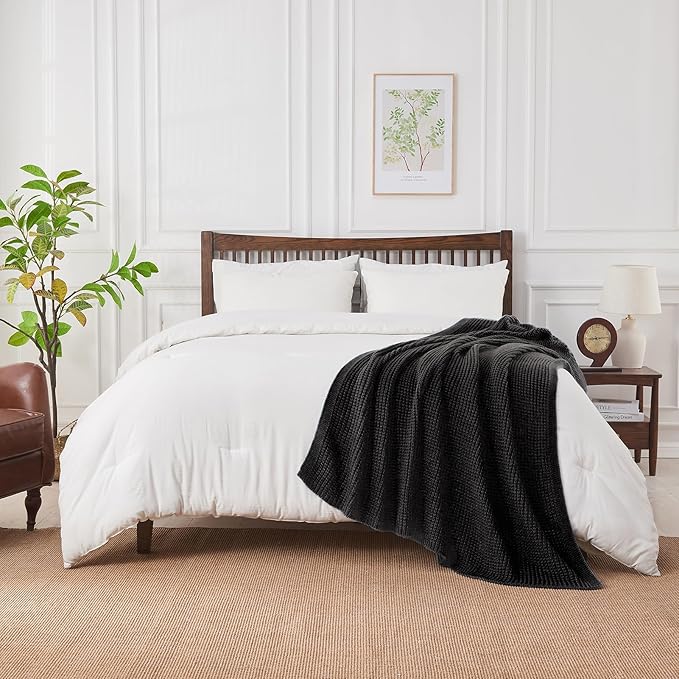 Douceur Black Throw Blanket for Bed, Soft Chunky Cable Knit Throw Blanket, Classic Fisherman's Rib Stitch Pattern Throw for Living Room Gift, 60"X80"