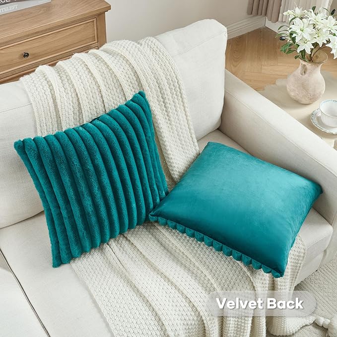 FUTEI Teal Green Striped Decorative Throw Pillow Covers 16x16 Inch Set of 2,Square Fall Decorations Couch Pillow Case,Soft Cozy Faux Rabbit Fur & Velvet Back,Modern Home Decor for Bed