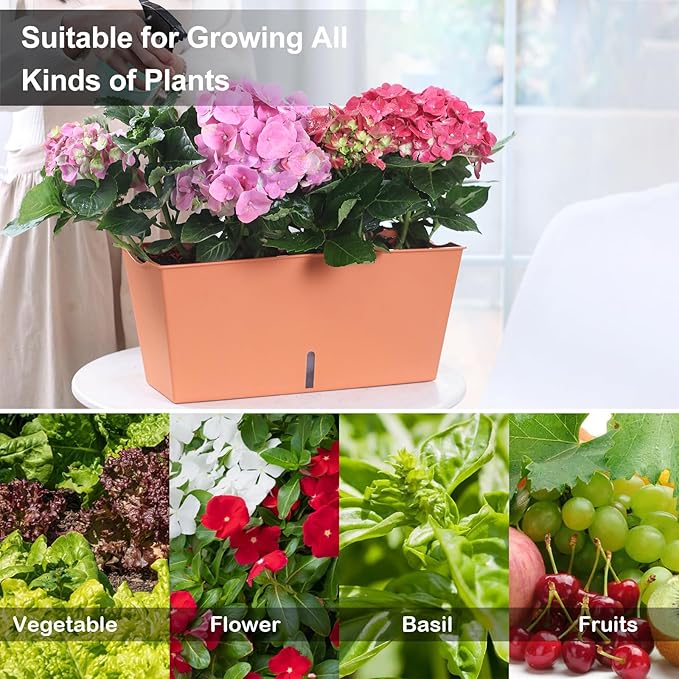 Window Box Planter 6 Pcs, 12.6 Inches Self Watering Rectangle Flower Plant Pots with Drainage Holes & Breathable Trays, Vegetable Planters for Windowsill Patio Garden Balcony Porch Yard (Orange)