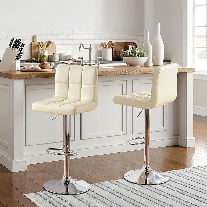 Yaheetech Bar Stools Set of 2, Adjustable PU Leather Swivel Barstools, Modern Counter Height Stools with Back and Footrest for Bar, Kitchen, Dining Room, Beige