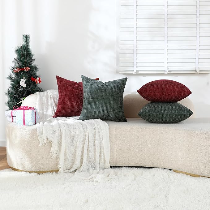 Stellhome 4 Packs Christmas Decorative Throw Pillow Covers Chenille Woven Textured Luxury Accent Cushion Cases for Living Room Couch Bed Sofa Farmhouse Boho Home, 16x16 inch, Hunter Green and Wine Red
