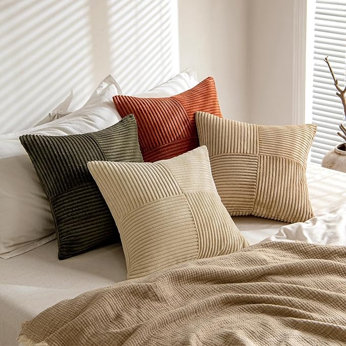 MIULEE Rust-Olive Green Decorative Throw Pillow Covers 18x18 Inch Set of 4 Boho Color-Clash Cushion Cases Farmhouse Pillow Cases Corduroy Striped Fall Home Decor for Couch Sofa Living Room Bed