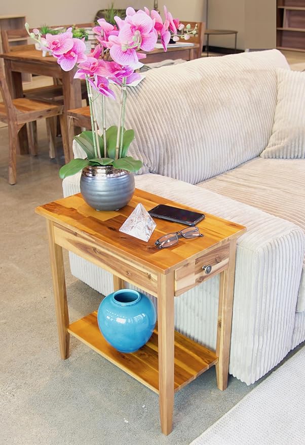 2-Tier Solid Acacia Recliner Table w/Drawer