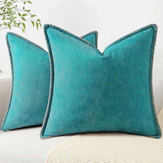 decorUhome Chenille Soft Throw Pillow Covers 16x16 Set of 2, Farmhouse Velvet Neutral Decorative Euro Pillow Covers with Stitched Edge for Couch Sofa Bed Home Decor, Turquoise