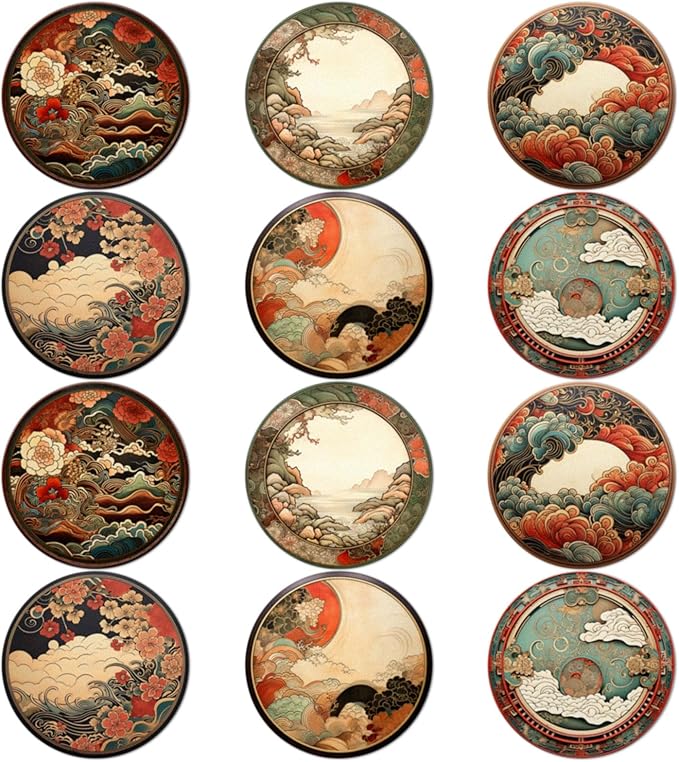 Trillionn 12 Pack Felt Cup Coasters for Drink, Absorbent Coasters for Coffee, Japonisme Pattern Design
