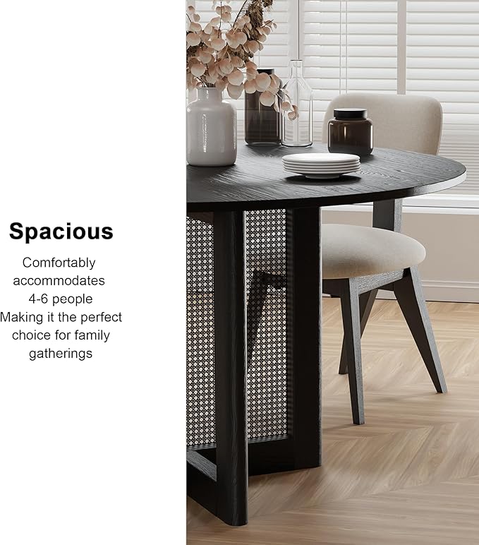 Casaphoria 52" Dining Table, Wicker Base Modern Kitchen Table for 4-6, Farmhouse Style with Round Top & Wicker Base, Easy Assembly for Living Room, Kitchen, Black