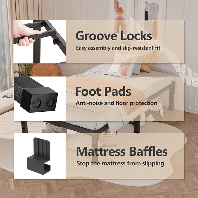 FUIOBYVV Twin Bed Frames, 14 Inch Heavy Duty Metal Platform Bed Frame Twin Size Support Up to 3500 lbs, No Box Spring Needed, No Shaking, Steel Slat Support, Noise Free, Easy Assembly