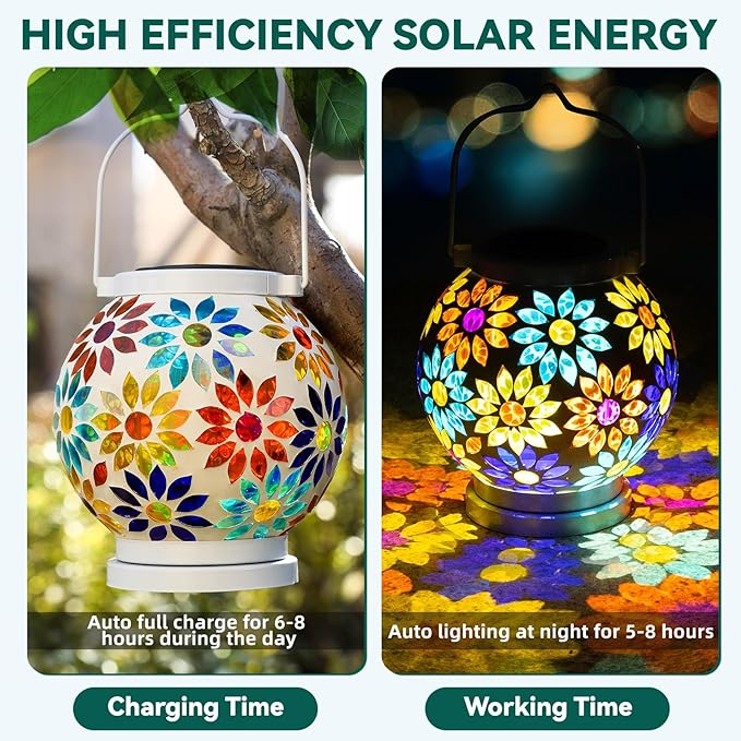 VOREEN Mosaic Solar Lanterns, Handmade Outdoor Glass Hanging Lights, Waterproof Solar Table Lamps, Gift for Mom Wife Friend, Decoration for Garden, Patio, Yard, Party, Balcony, Floral Pattern