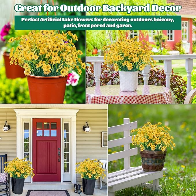 Lnoicy 12 Pcs Artificial Flowers for Outdoor,Plastic Flowers Decoration, UV Resistant Faux Flowers Shrubs, Artificial Plants for Indoor Outside Garden Home Wedding Farmhouse(Yellow)