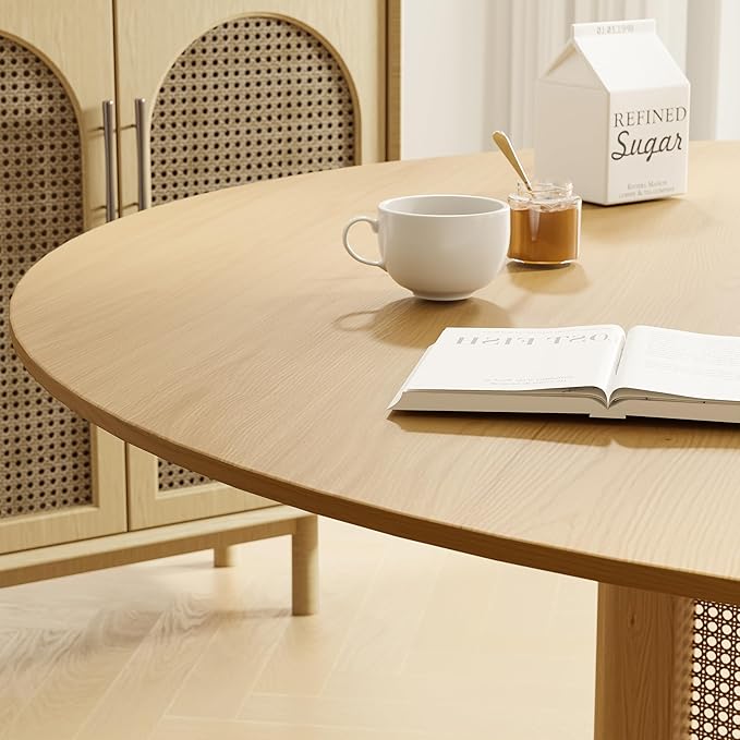 Casaphoria 60" Round Dining Table, Modern Kitchen Table for 8, Scratch-Resistant Top & Rattan Base, Farmhouse Dinner Table for Living Room, Kitchen, Bar, Easy Assembly, Oak