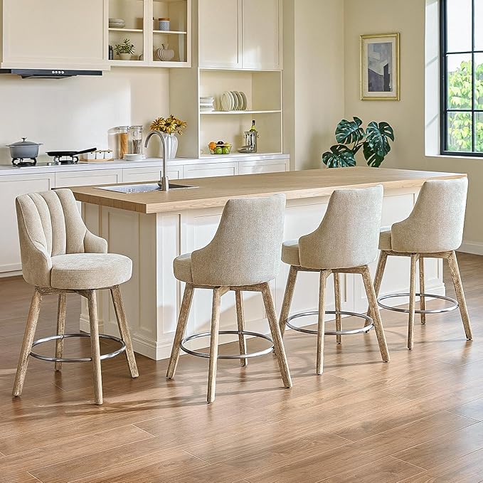 Counter Height Bar Stools,Swivel Bar Stools with Backs,Barstools Set of 4,26'' Solid Wood Legs,Thick Seat Upholstered Linen Fabric Counter Height Stools in Sand