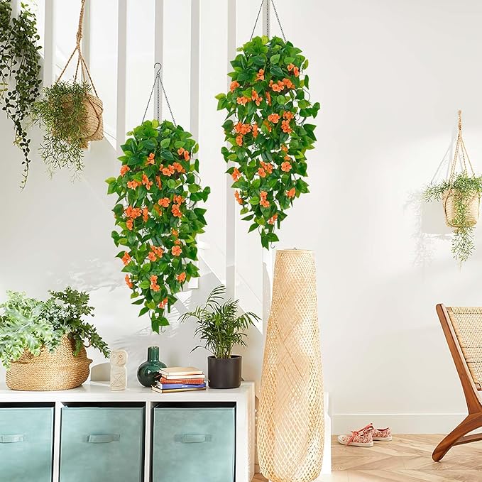 BLEUM CADE Artificial Hanging Flowers for Outdoors, 2pcs Fake Hanging Plants Pothos Vines with Orange Flowers for Wall Home Living Room Indoor Outdoor Fall Decor (No Baskets)